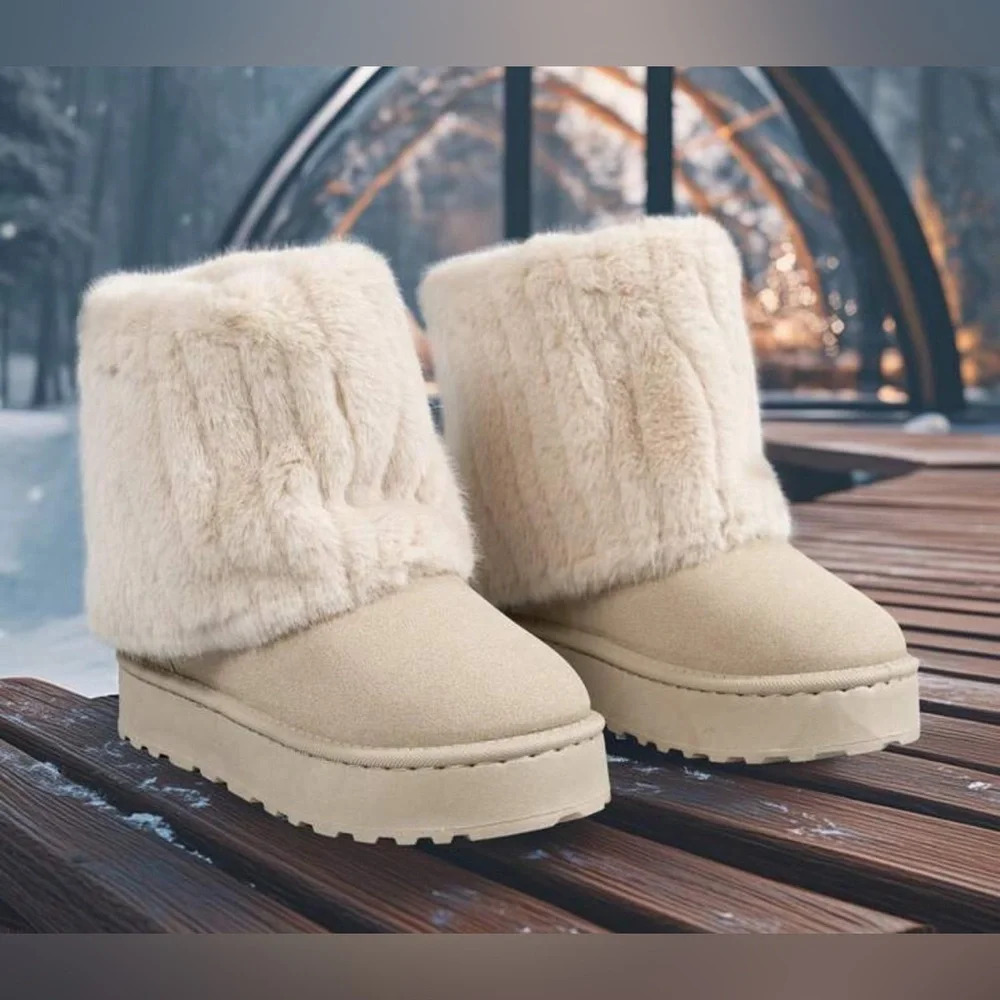 Cream Ankle Boots with Faux Fur Foldover
